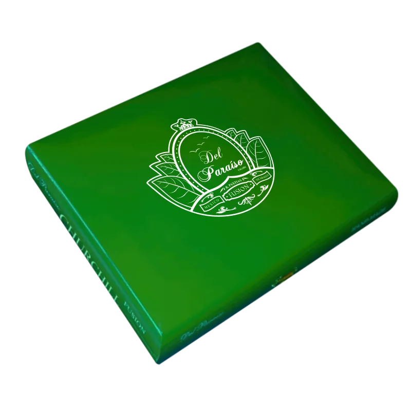 Caja de madera en color verde barnizada, con 20 puros Churchill Del Paraíso Fusión,  Capa de tabaco Sumatra.