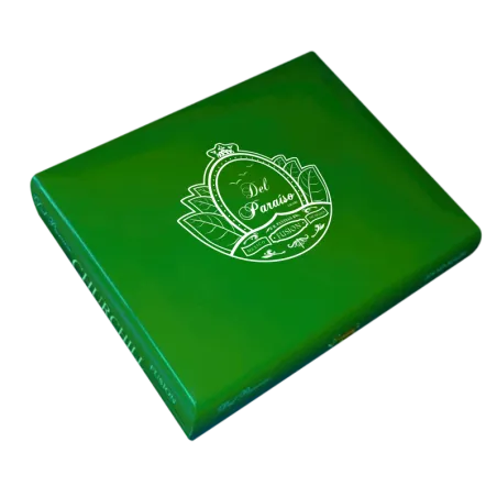 Caja de madera en color verde barnizada, con 20 puros Churchill Del Paraíso Fusión,  Capa de tabaco Sumatra.