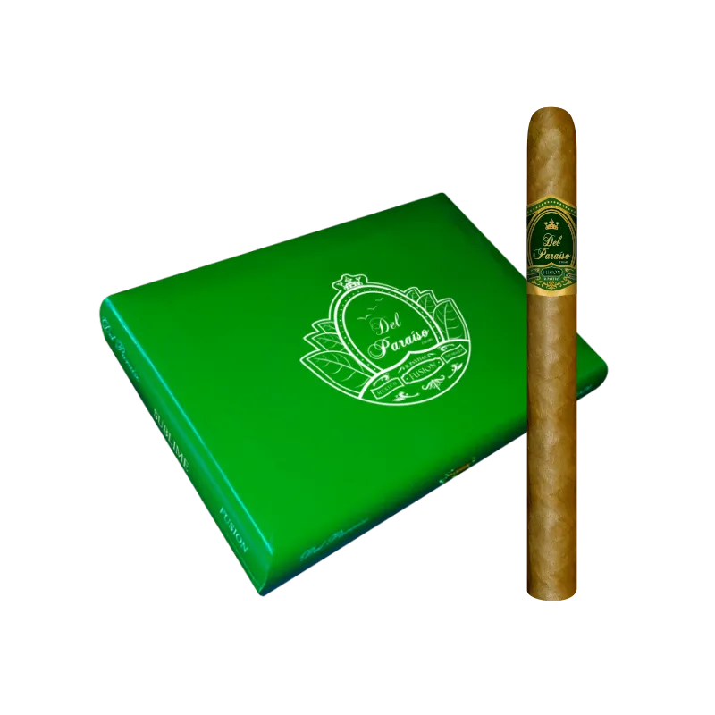 Caja de madera en color verde barnizada, con 20 puros Sublime Del Paraíso Fusión, fortaleza fuerte.
